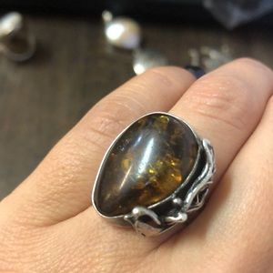 Handmade Native American sterling and amber ring